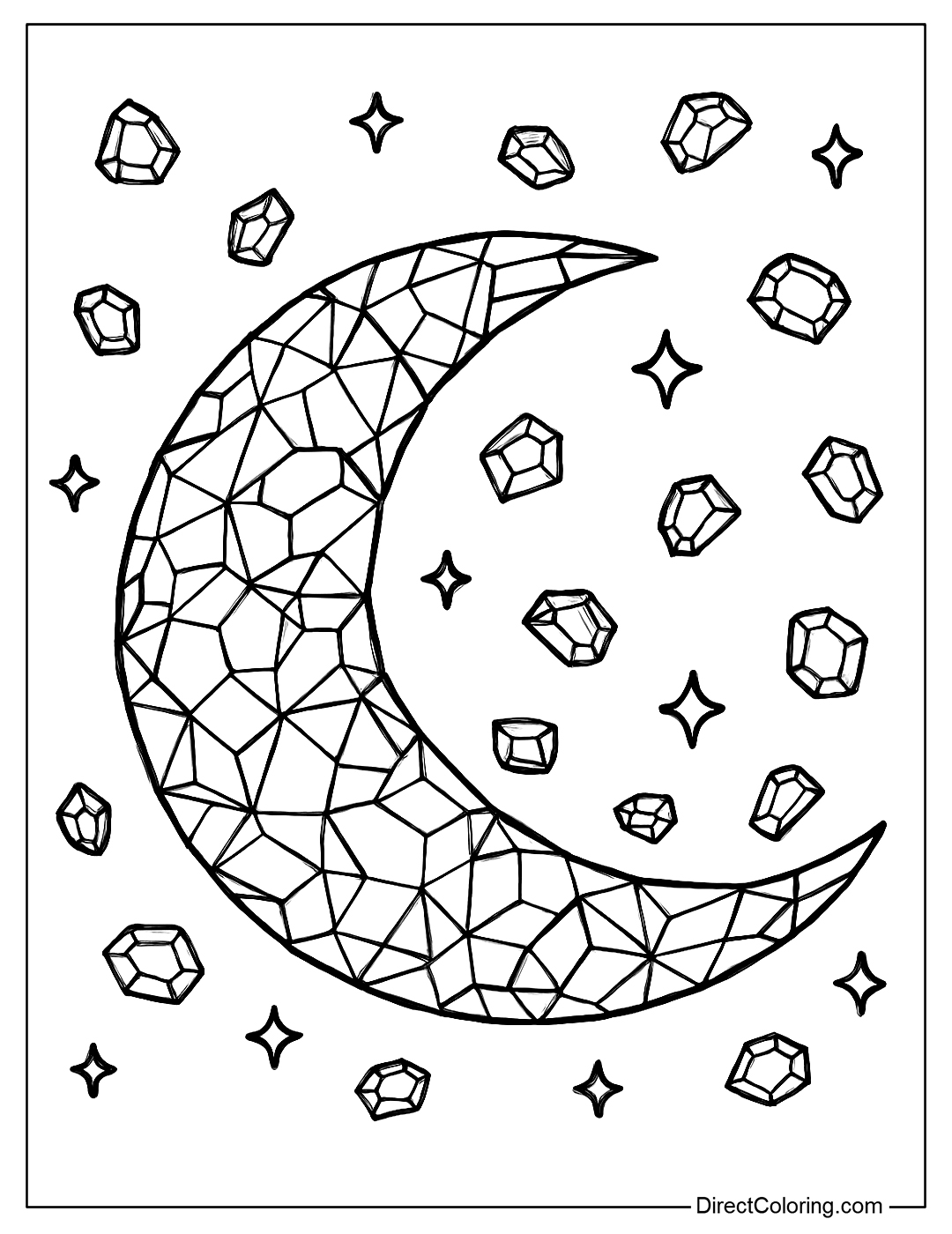 The moon coloring page is made up of many colorful gemstones.
